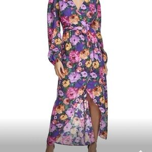 Floral Purple Wrap Maxi Dress with Tie Waist